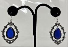 Blue Glass Rhinestone Pierced Earrings Silver Tone Drop Dangle 2.5"