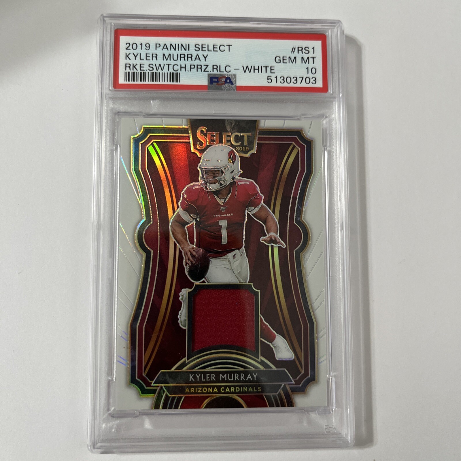 Kyler Murray Panini Select Rookie Swatches Prizm Relics #RS1 White