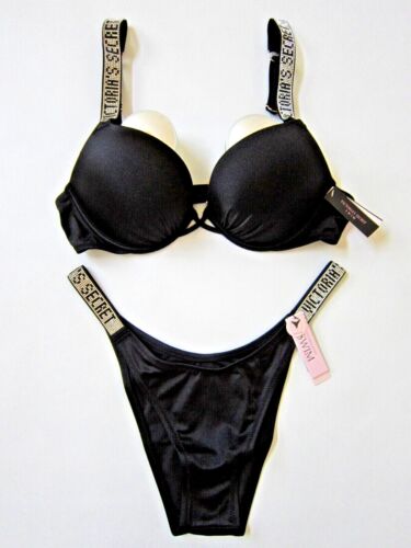 BLING Victoria Secret BOMBSHELL Shine LOGO BRAZILIAN BIKINI SWIM SUIT 34B M Set