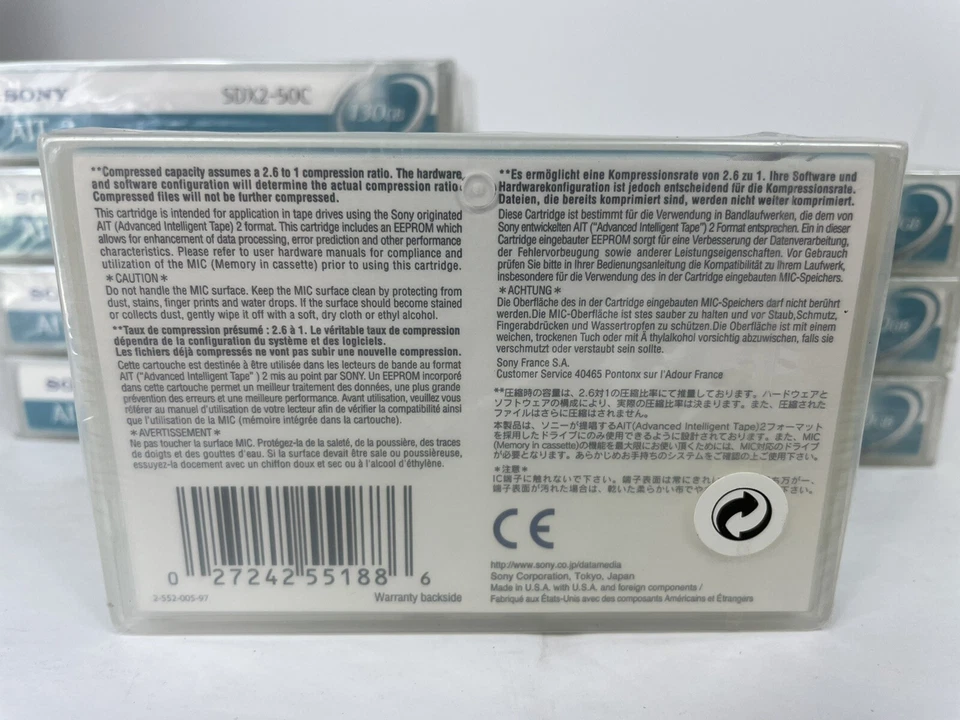 8 nuevas cintas selladas SONY SDX2-50C A1T-2 cartucho de datos 50 GB nativo 130 GB 64 K Foto 3 de 4