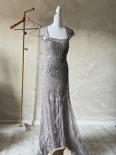 Adrianna Papell Silver Art Deco Beaded Evening Gown Size 4 Gray Formal Dress