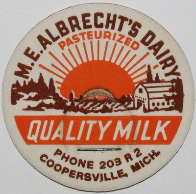 Vintage milk bottle cap M E ALBRECHTS DAIRY Quality farm Coopersville Michigan