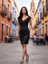 VTG Suzi Chin For Maggy Boutique Black Satin Dress Formal Cocktail Gathered Sz 8