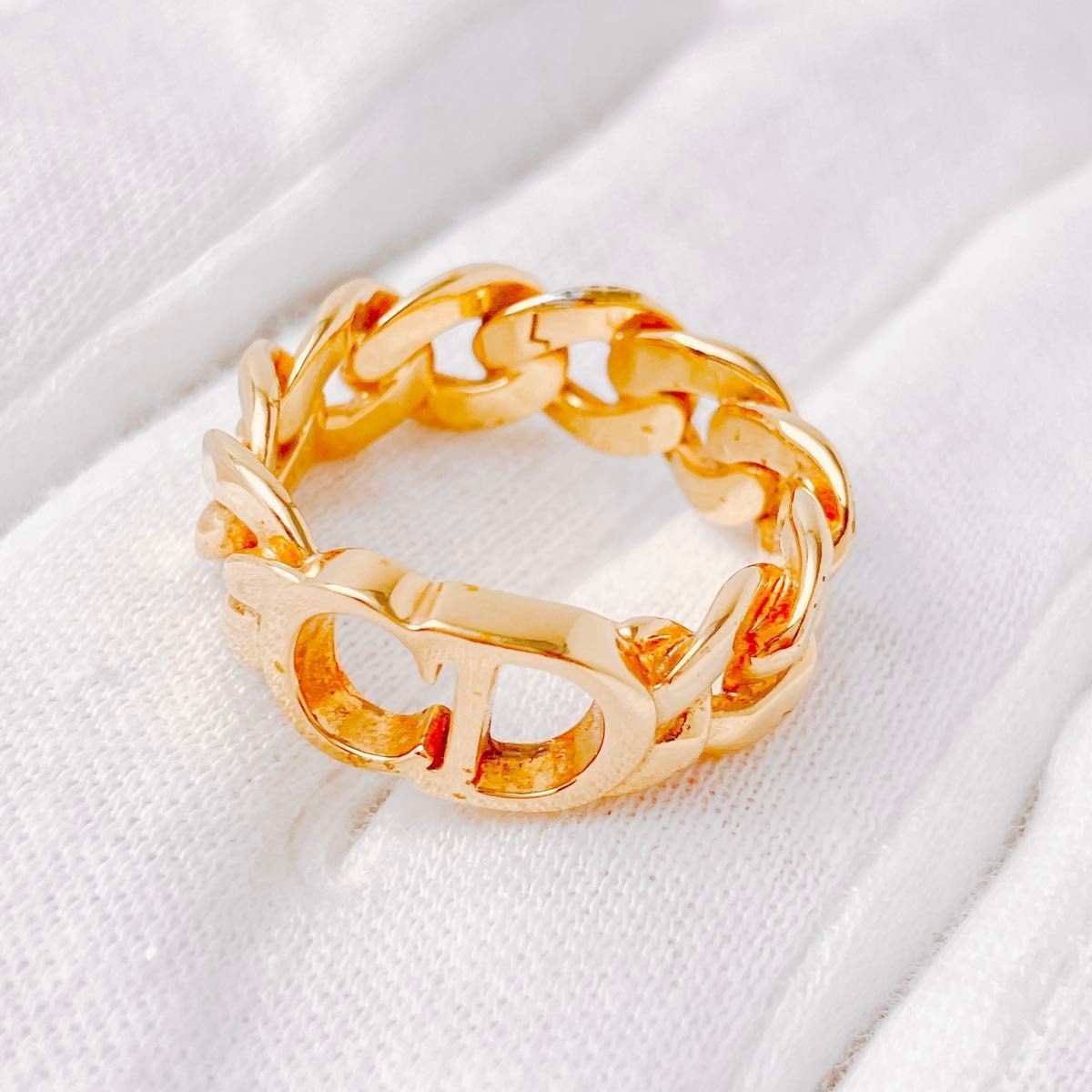 Christian Dior CD Logo Chain Link Ring Gold Tone Size L 53.5 US