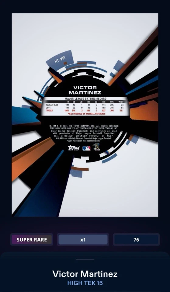 TOPPS BUNT HIGH TEK 15 - Victor Martinez SUPER RARE 76cc 2015 BUNT DIGITAL CARD - Image 3 of 4