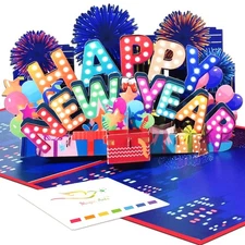 3D Pop-Up Happy New Year Card – Festive Greeting Card with Fireworks, Balloon...