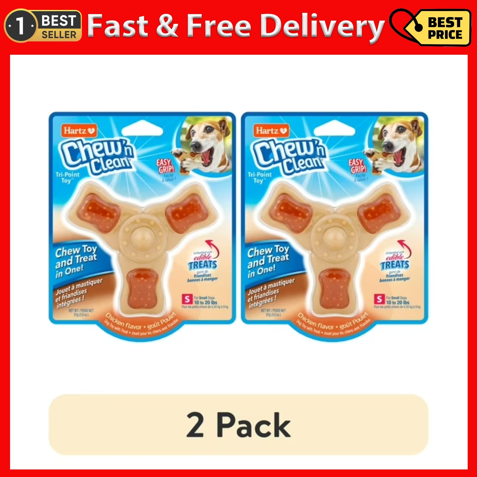 Hartz Chew &lsquo;n Clean Dog Toy, 2 Pack Chicken Small Tri-Point For Moderate Chewers