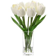 Briful Fake Flowers Artificial Tulip Flower White in Clear Vase, Real Touch F...