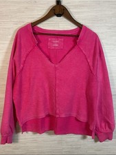 Anthropologie Pilcro Reworked Popover Sweatshirt Hot Pink V-Neck Raw Edge Large