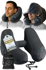 Air Inflatable Neck Pillow for Traveling H-Shape Hooded Airplane Pillow, Black L