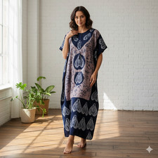 Beige Blue Boho Maxi Kaftan Dress for Women Soft Flowy Maternity Loose Caftan