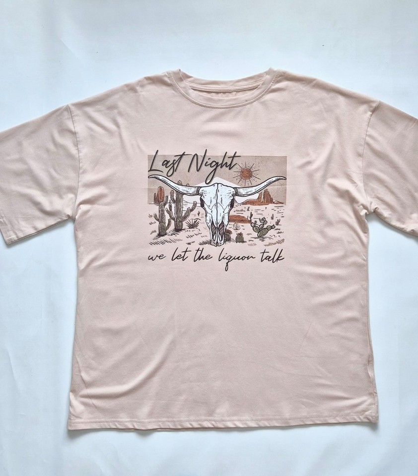 SHEIN Beige Western Graphic T-Shirt Size L 12-14 Bull Skull Country Slogan Top