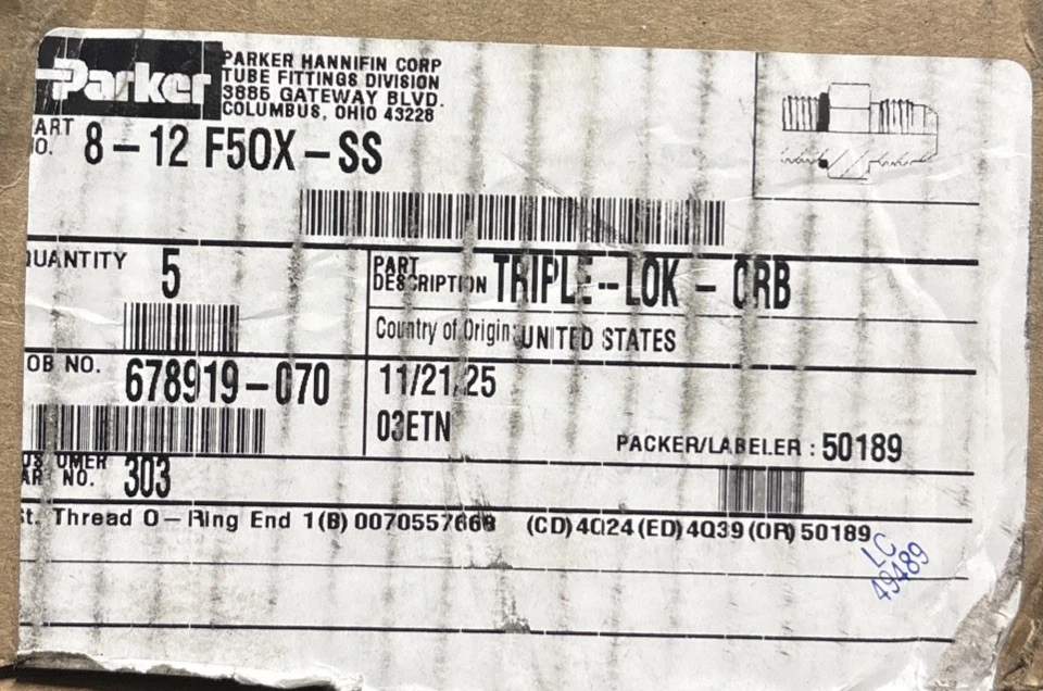 ( 5pcs ) PARKER 8-12 F5OX-S TRIPLE-LOK Straight Thread Connector 37-DEG photo 4