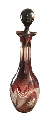 Vintage Bohemian Czech Ruby Red Cut To Clear Crystal Glass Decanter With Stopper