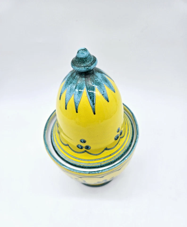 Italian Pottery 9" Lidded Canister Jar Hand Painted Bright Yellow & Teal - Image 2 of 4
