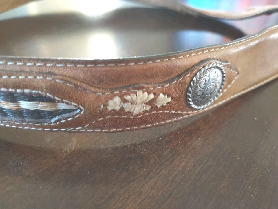 Cinturón Western Nocona de cuero marrón tooled para hombre detalles plateados talla 36 Foto 3 de 4