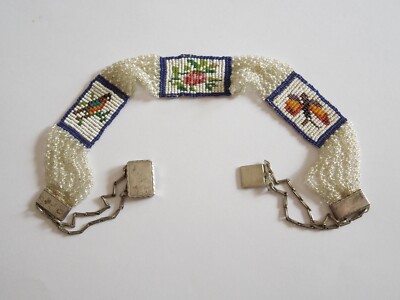 Antike Kette,Choker gestickte Glasperlen Motiv Papagai Schmetterling Rose 34 cm