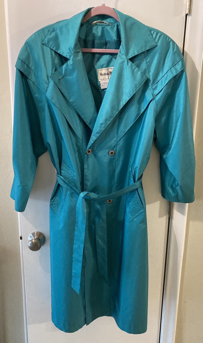 Vintage British Mist Trench Rain Coat Teal Green Long Jacket Size