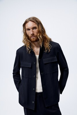 New Zara Padded Wool Down Overshirt Shirt Jacket S 8288/314 Navy