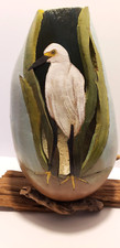 Hand Painted Gourd OOAK Art Tropical Exotic Bird White Egert/Herin on Driftwood