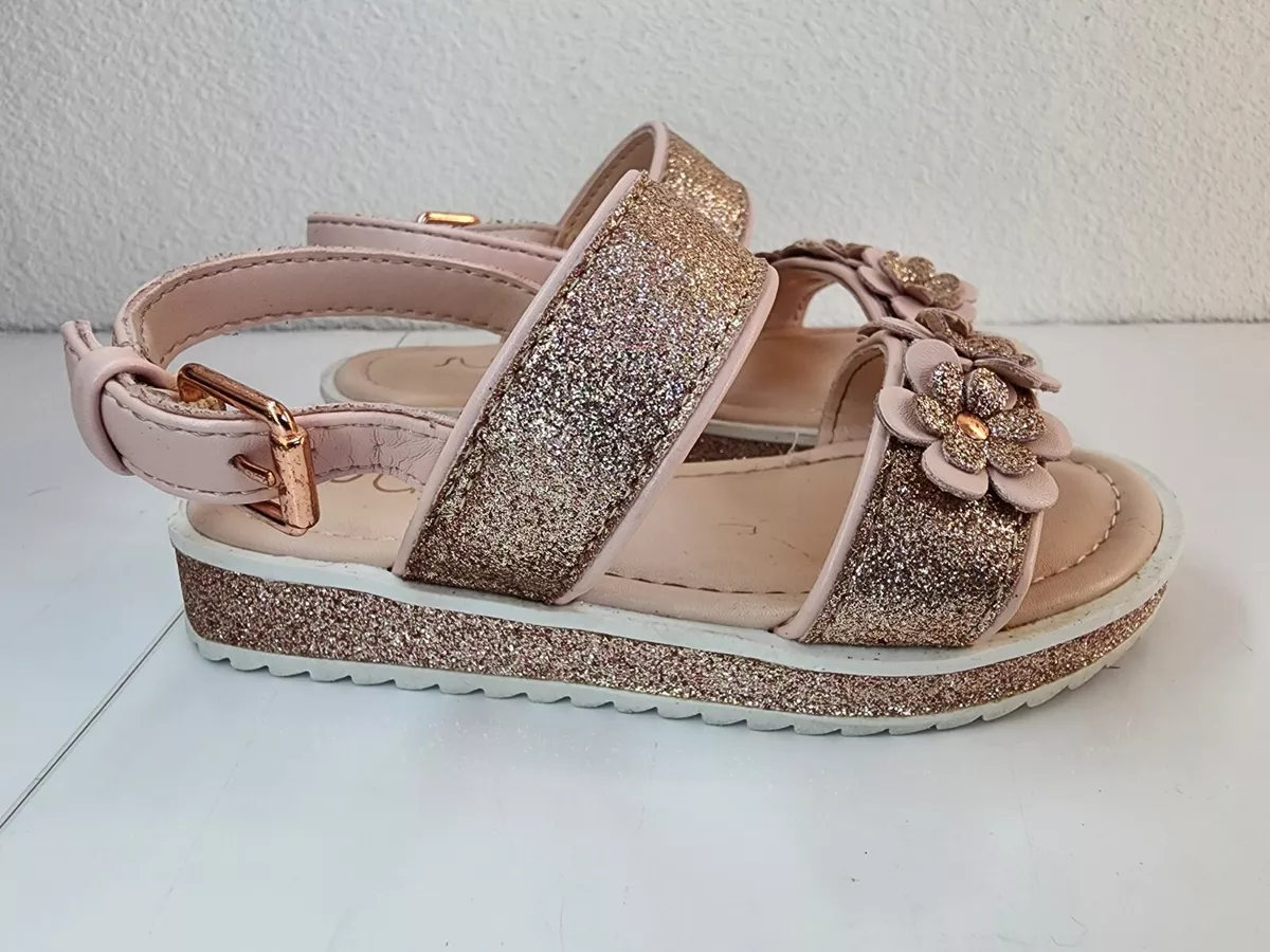 Sugar Rose Gold Flowers Kids Sandals Size 8m Heel Strap PreOwned