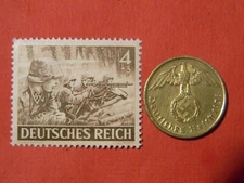 Rare WW2 German 10 Reichspfennig Coin with Scarce SS Soldiers MG-34 Gun Stamp