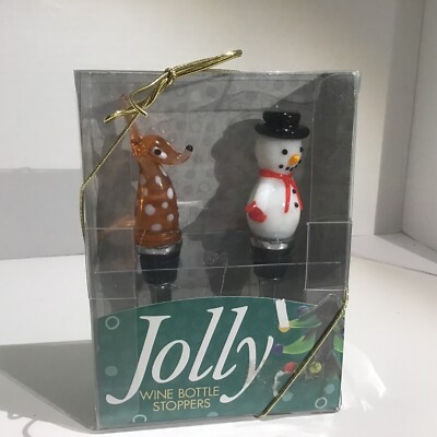 Jolly Wine Bottle Stoppers Pair 2 Christmas Art Glass Snowman Reindeer NEW