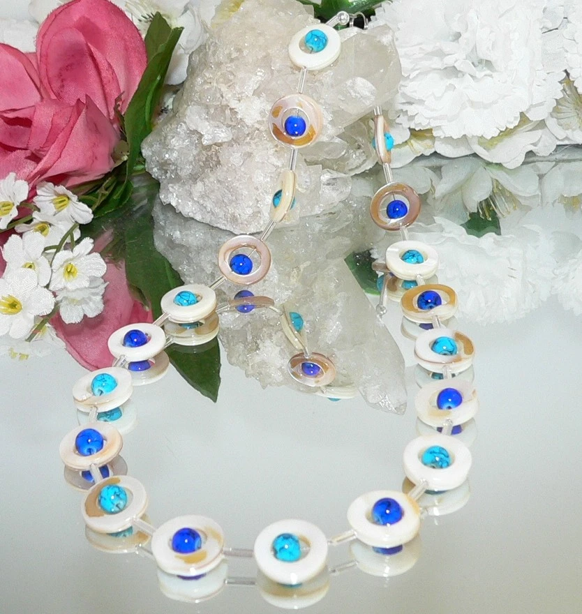 Halskette Collier Perlmutt natur weiss Donut Perlen blau dunkelblau türkis 353L - Bild 3 von 4