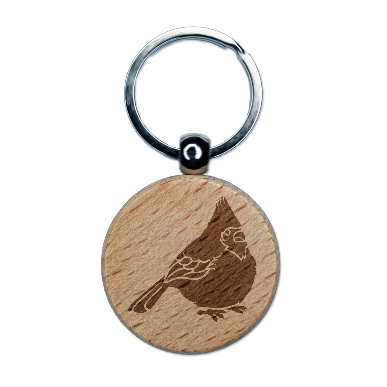 Puffy Cardinal Bird Engraved Wood Round Keychain Tag Charm