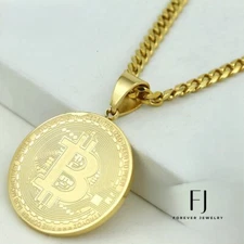 Men's 24"Stainless Steel Bitcoin 35mm Circle Cuban Curb Chain Gold plated Box