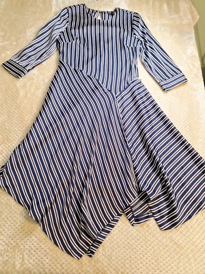banana republic blue and white dress NWT Striped Asymmertic Dress, Size 4 Retail $128 __label:Shirred Bodice