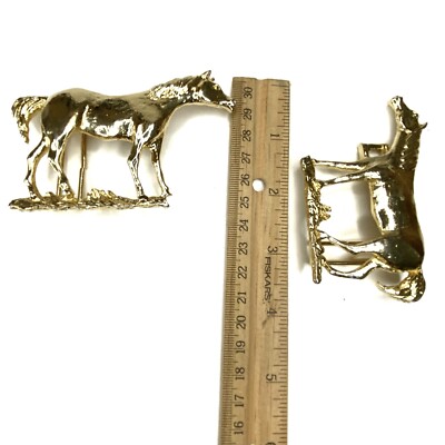 Beautiful Vintage 1986 Mimi Di N Double Horse Interlocking Gold Belt Buckle Vintage 1986 Mimi Di N Double Horse Equestrian Interlock  main image 2