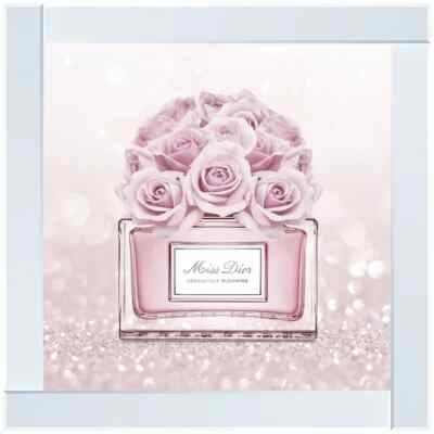 3D Flüssig Wandbild Bild Parfüm Rosen Blume Rosa Glitzer Spiegel Rahmen 55x55