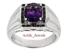 Natural Amethyst & Spinel With 14K White Gold Plated Silver Ring for Men's #496