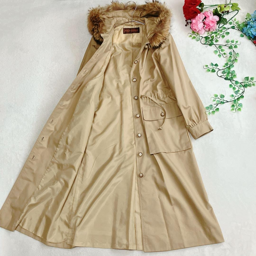 YSL Real Fur Hooded Long Coat A-Line Drawstring Design Length 110cm Size F9-110 thumbnail 5