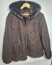 Vintage Y2K Big Chill Brown Faux Suede Shearling Jacket Hooded Women's Large