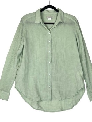 OuterKnown Women's Top Sz S Green Cotton Gauze Long Sleeve Button Front Shirt