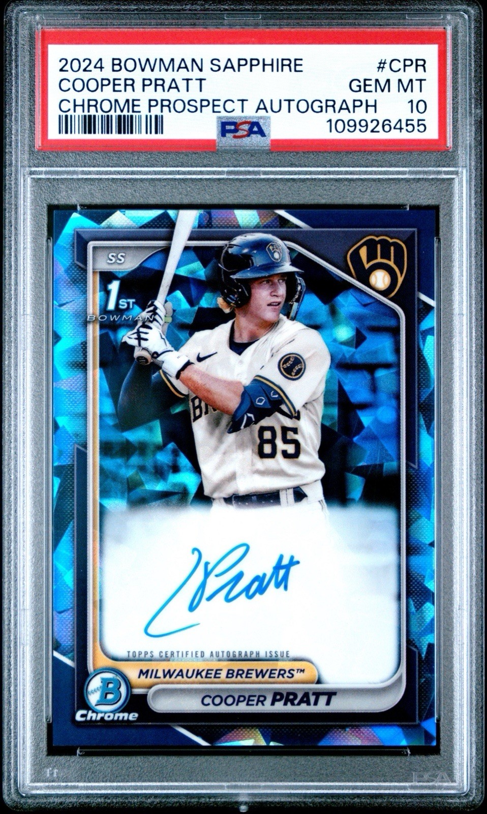2024 1st Bowman Chrome Cooper Pratt * Sapphire Auto * PSA 10 Brewers Color Match