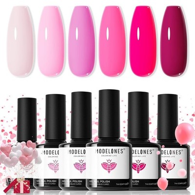 Modelones Pink Gel Nail Polish Set 6 Colors, Hot Pink Tones Neon Pink White Gel 
