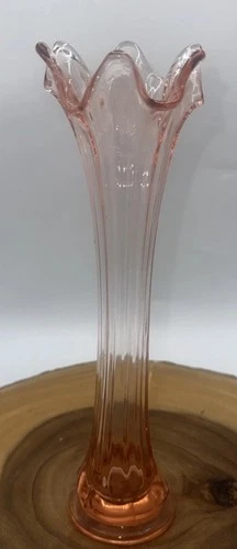 Vintage Fenton Pink Depression Glass Bud Ribbed Swung Vase 10.5”