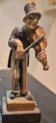 Swiss Hand Carved Vintage Folk Art Statue Fiddle Violin Player Sculpture