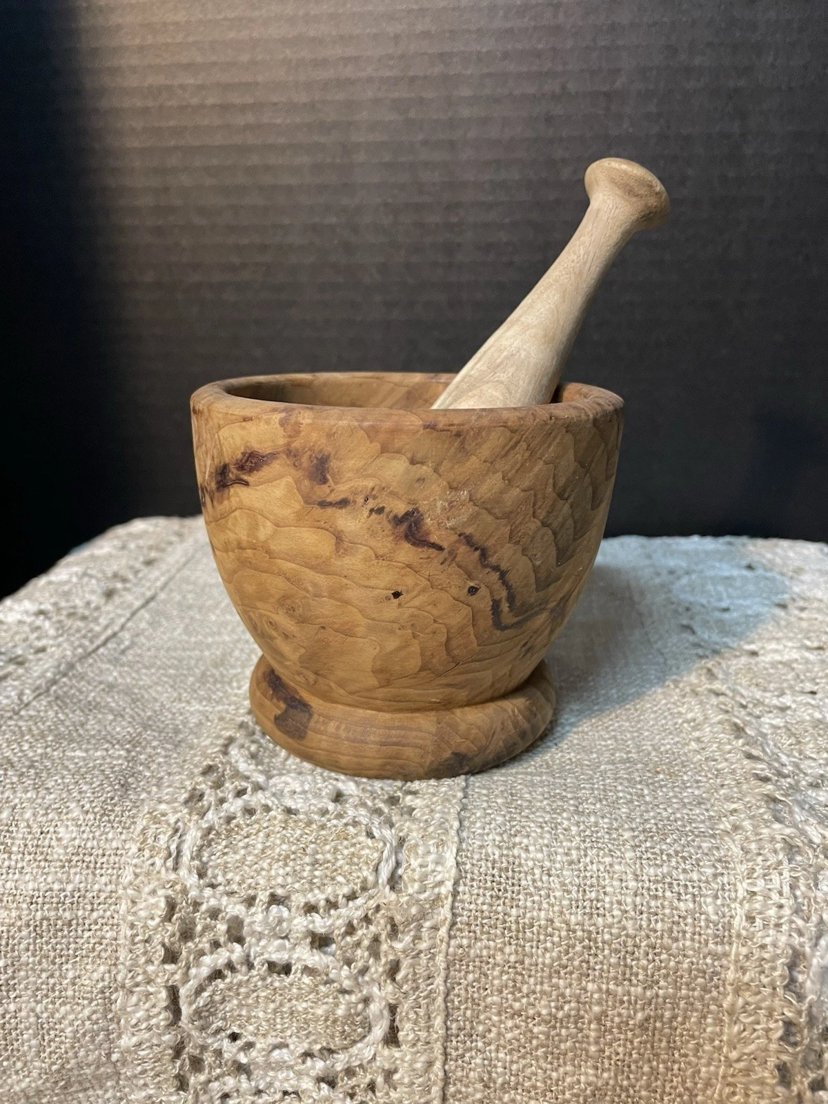 Antique Primitive Hand Turned Wooden Mortar & Pestle Spice, Herb Medicinal Grind