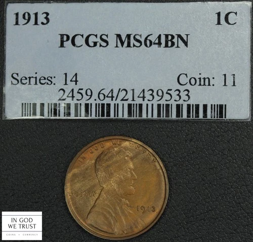 1913 Lincoln Wheat Copper Cent 1C (Cracked Out) Ex-PCGS MS 64 BN