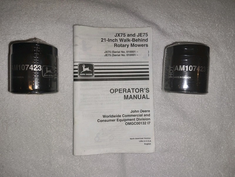 John Deere Rotary Mower JX75 & JE75 Oper Manual and Two Sealed Pack Oil Filters 