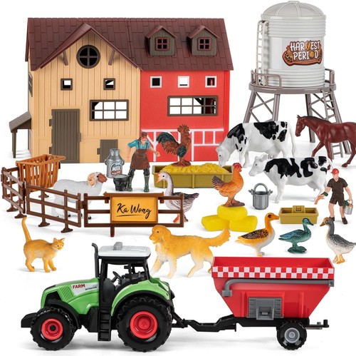 Farm Animal Toy Set with Red Barn, 33Pcs Barn Playset for Kid Toddler...
