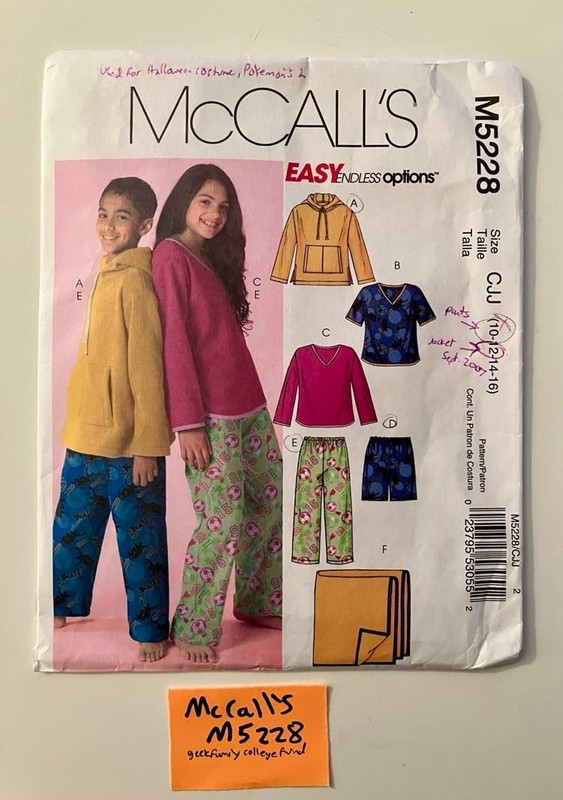 McCall’s M5228 Boys/Girls Top Size 12, Pants Size 10 Cut