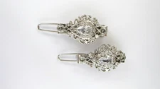 Two small tiny silver filigree crystal hair pin clip barrettes fine hair