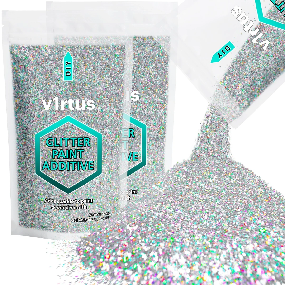 Aditivo de pintura con brillo holográfico plateado v1rtus para paredes de pintura de emulsión 2x100 g