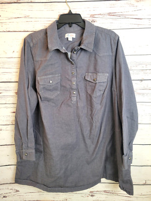 D&Co Top Gray Women's Plus Size 2X Half Metal Button Pockets Canvas Long Sleeve