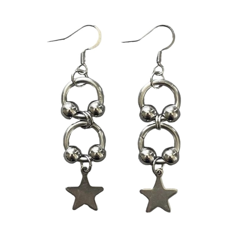 Stainless Steel Circle Star Pendant Punk Drop Earrings for Women